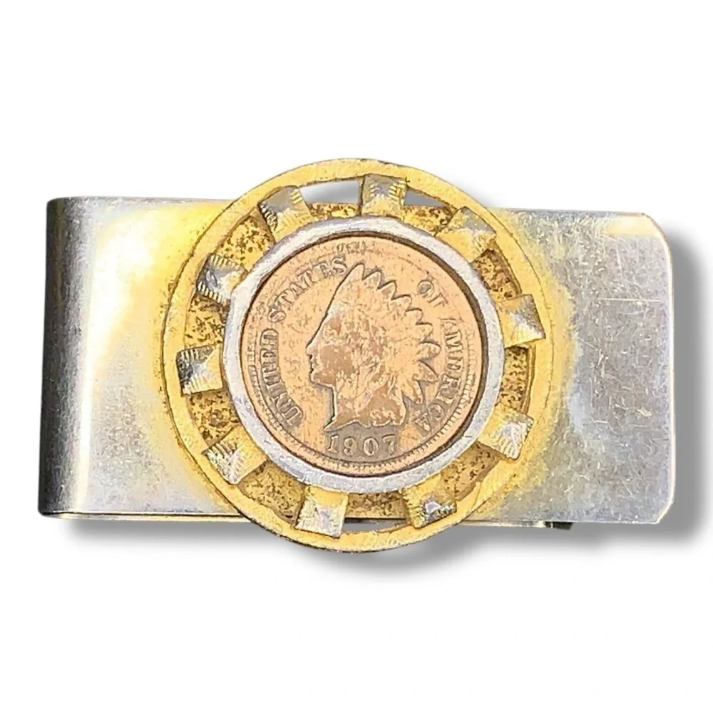 Vintage 1907 Indian Head Penny Silver Gold Tone Money Clip Men Gift Western